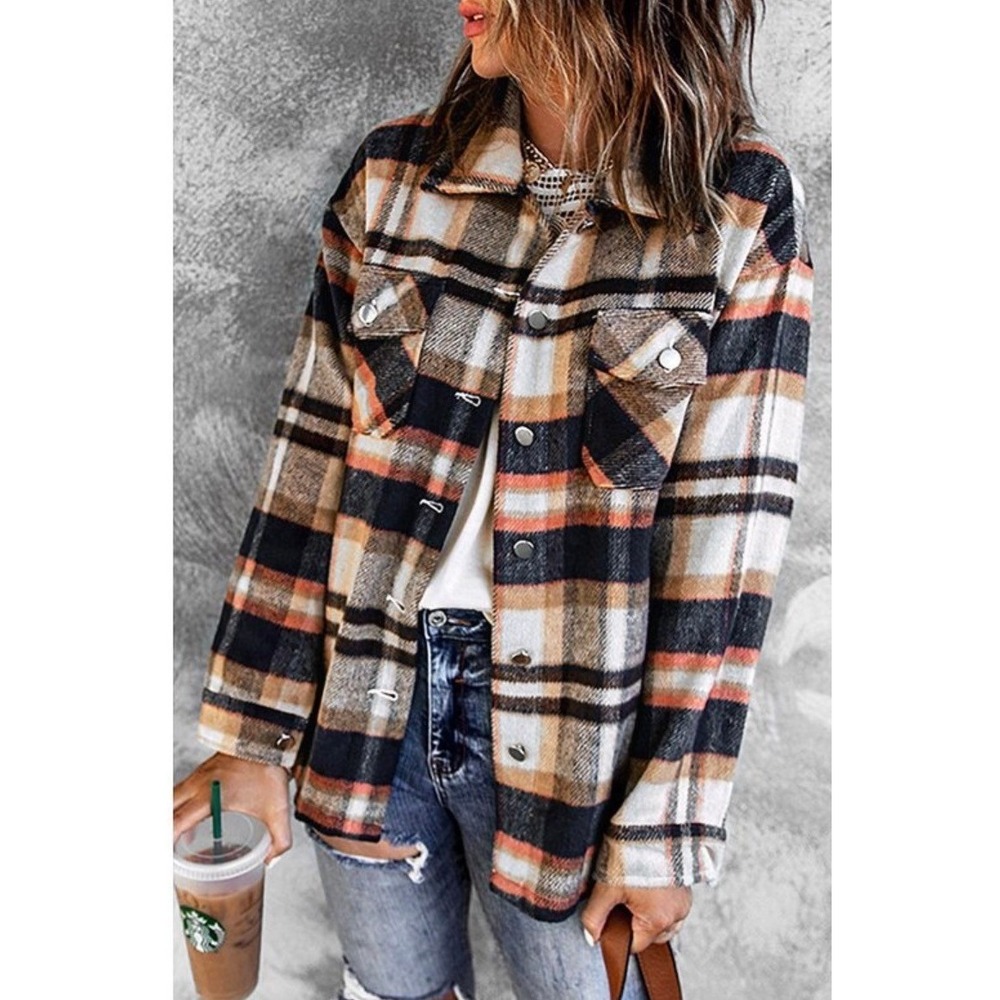 Womens Plaid Flannel Shirt Jacket BeachLoungeLunch Orange Brown White - Picture 1 of 13